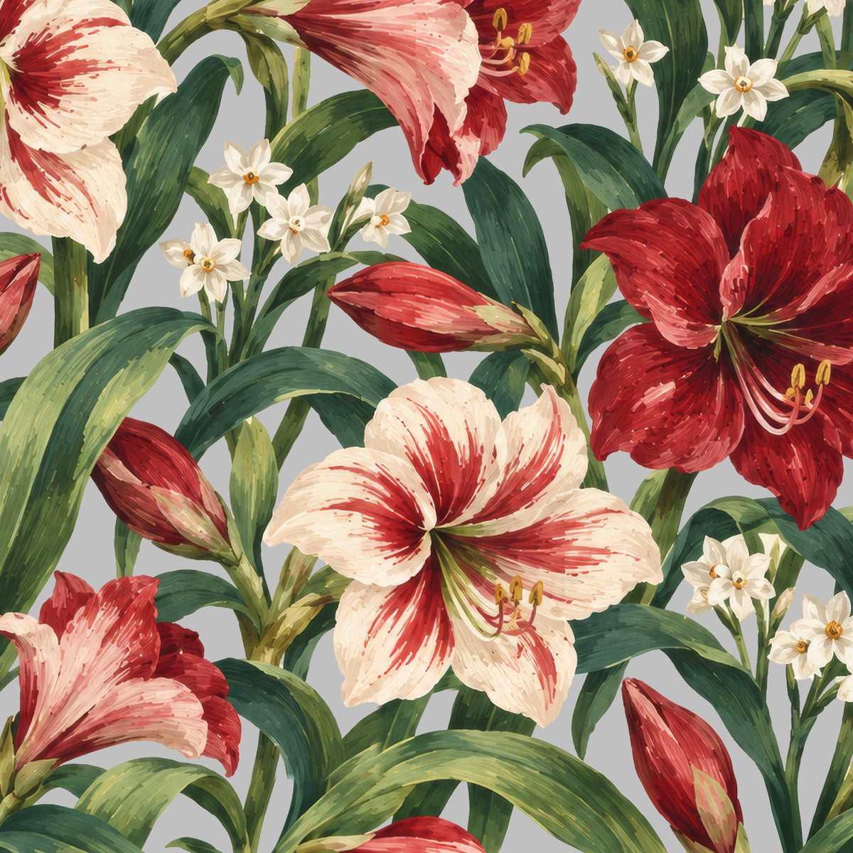 Amaryllis Christmas table runner print in silver grey