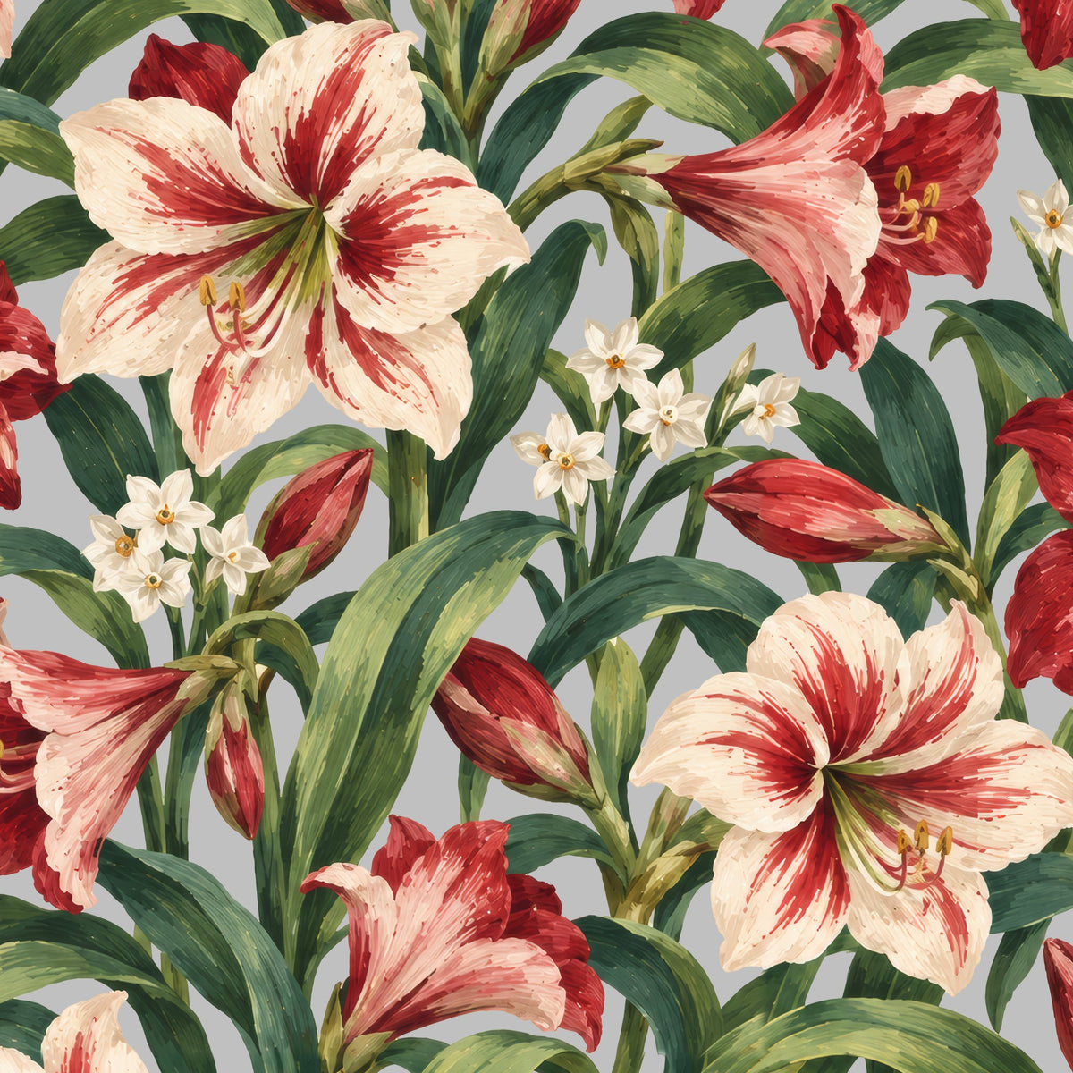 Amaryllis Christmas tablecloth print in silver grey