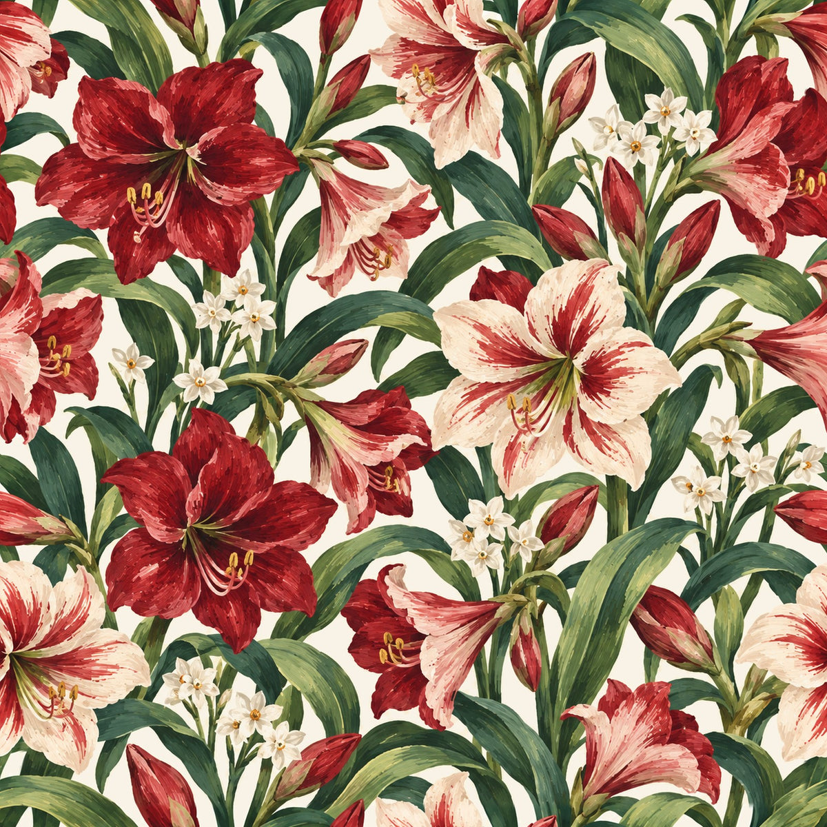 Amaryllis Christmas print: crimson amaryllis and paperwhites on ivory