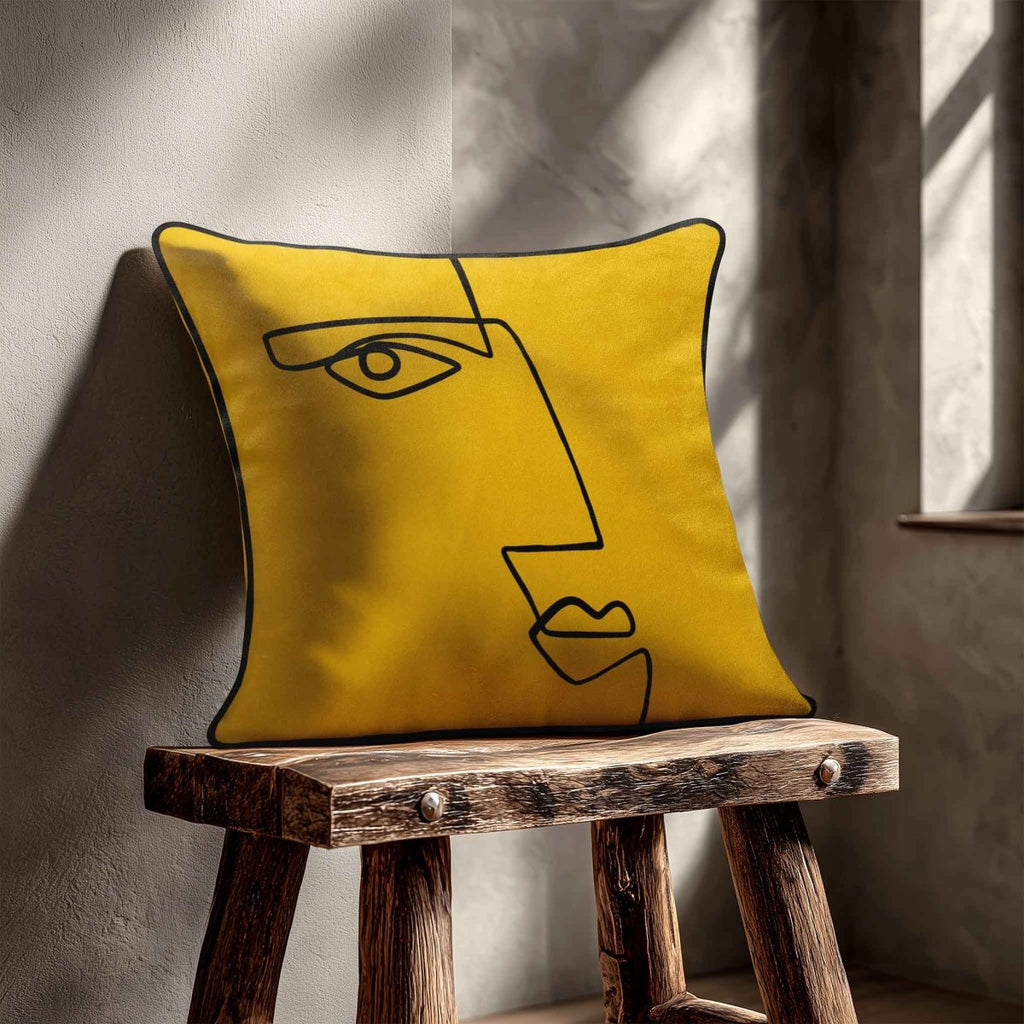 Angular Face | Sustainable Velvet Cushion - Mustard Ochre 40 x 40 cm Standard by Izabela Peters