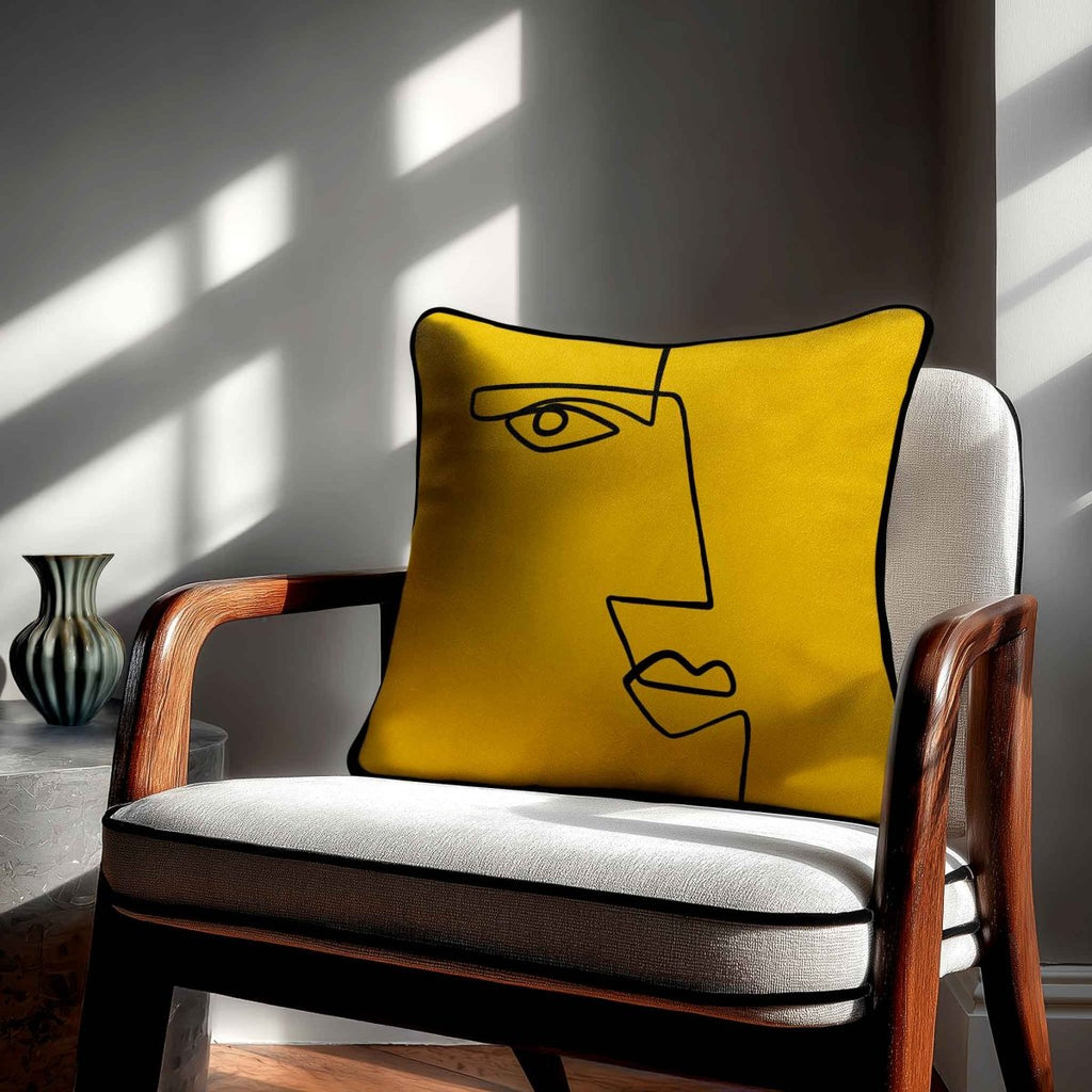 Angular Face | Sustainable Velvet Cushion - Mustard Ochre 40 x 40 cm Standard by Izabela Peters