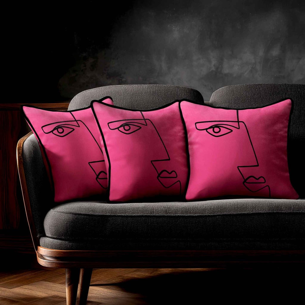 Angular Face | Sustainable Velvet Cushion - Hot Pink 40 x 40 cm Standard by Izabela Peters