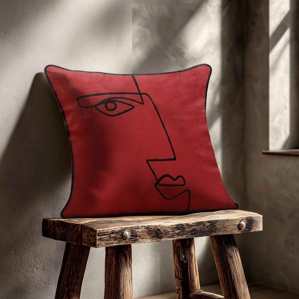 Angular Face | Sustainable Velvet Cushion - Crimson Muse 40 x 40 cm Standard by Izabela Peters