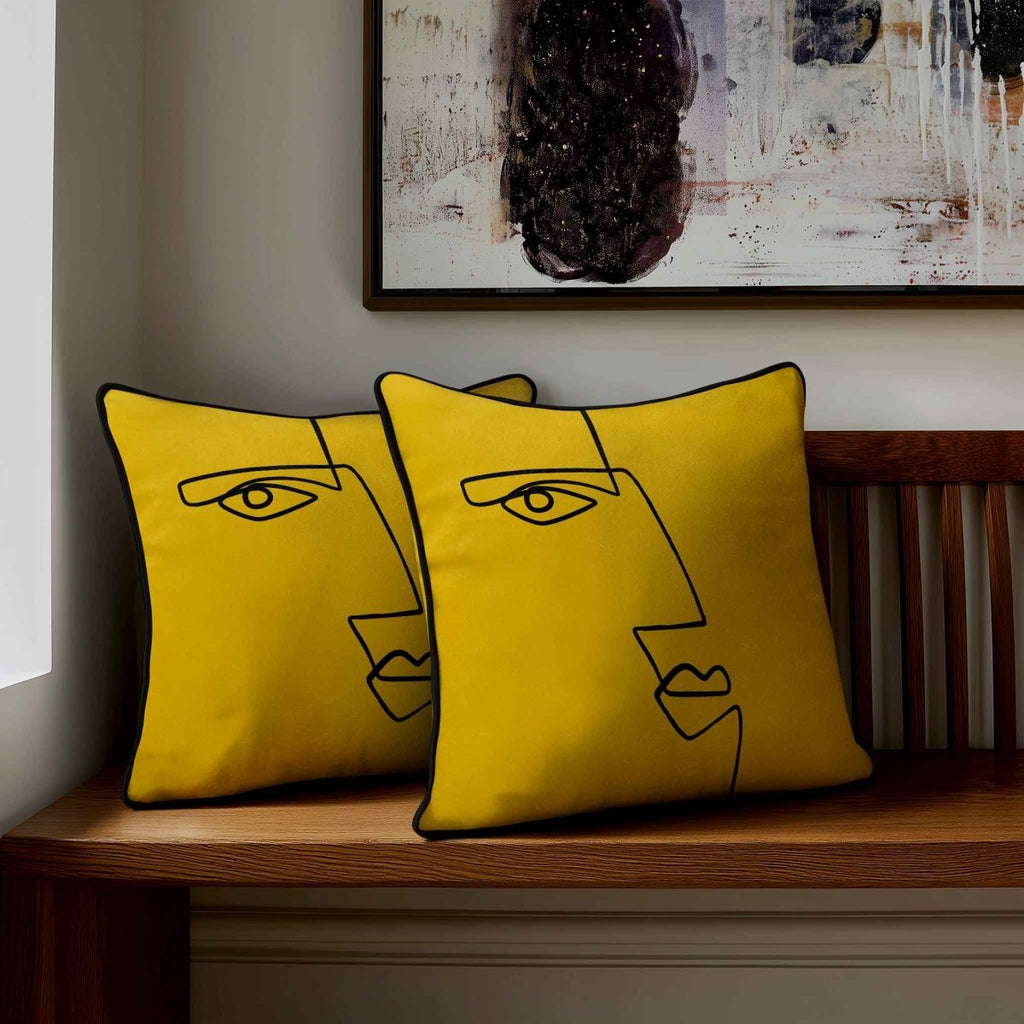 Angular Face | Sustainable Velvet Cushion - Mustard Ochre 40 x 40 cm Standard by Izabela Peters