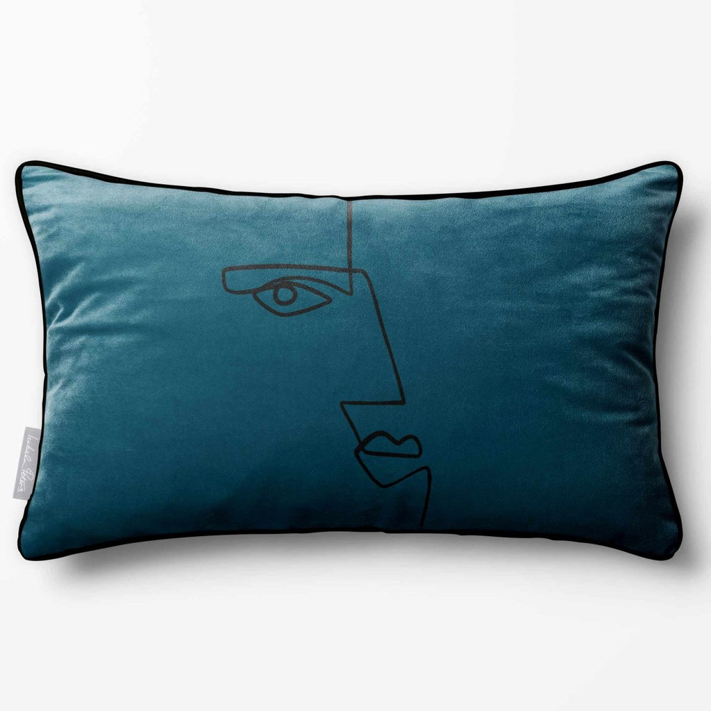 Angular Face | Sustainable Velvet Rectangle Cushion - Teal 50 x 30 cm Piped by Izabela Peters