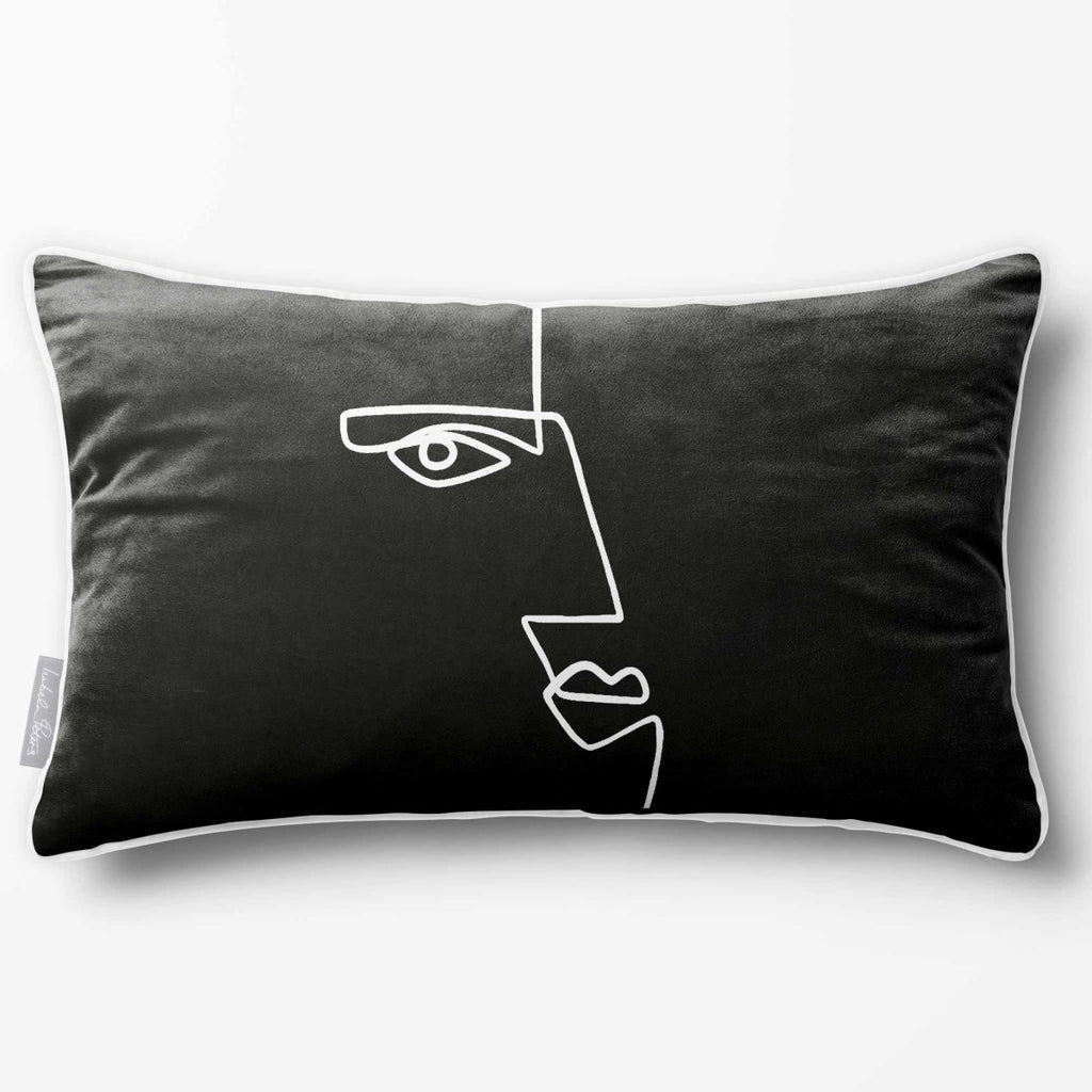 Angular Face | Sustainable Velvet Rectangle Cushion - Black & White 50 x 30 cm Piped by Izabela Peters