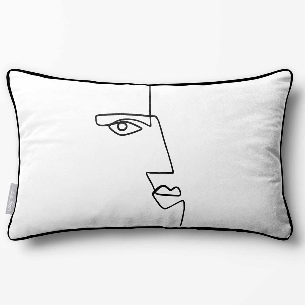 Angular Face | Sustainable Velvet Rectangle Cushion - White & Black 50 x 30 cm Piped by Izabela Peters
