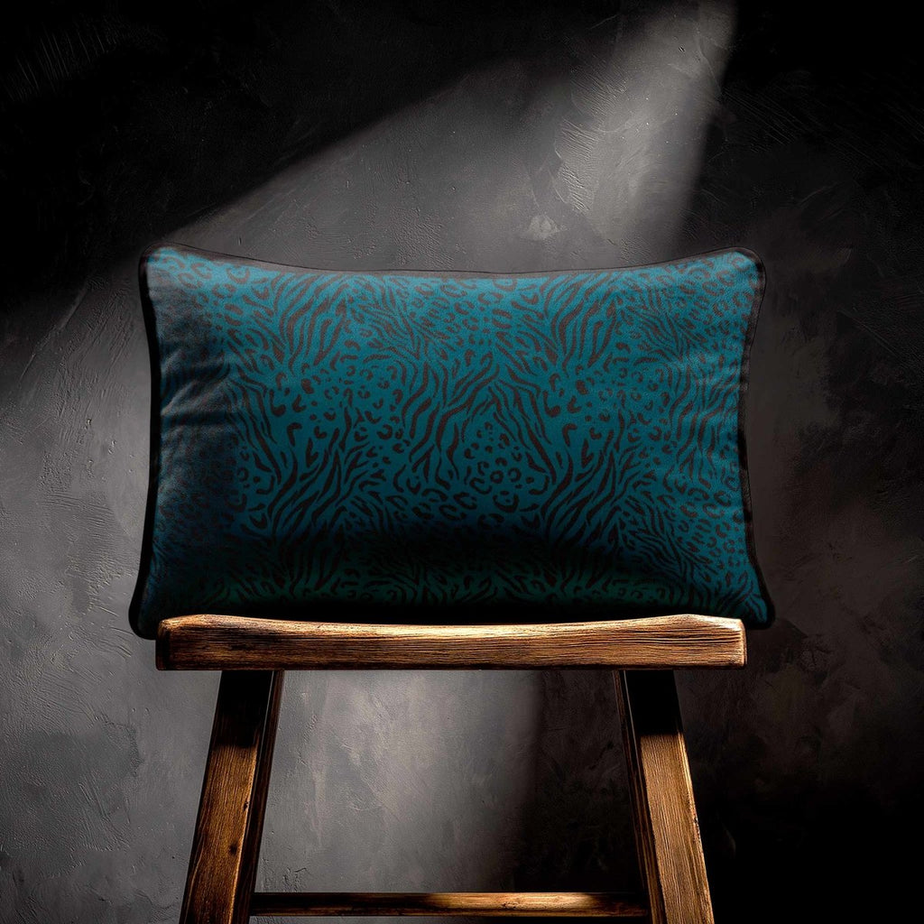 Animal Fusion Print | Sustainable Velvet Rectangle Cushion - Teal 50 x 30 cm Piped by Izabela Peters