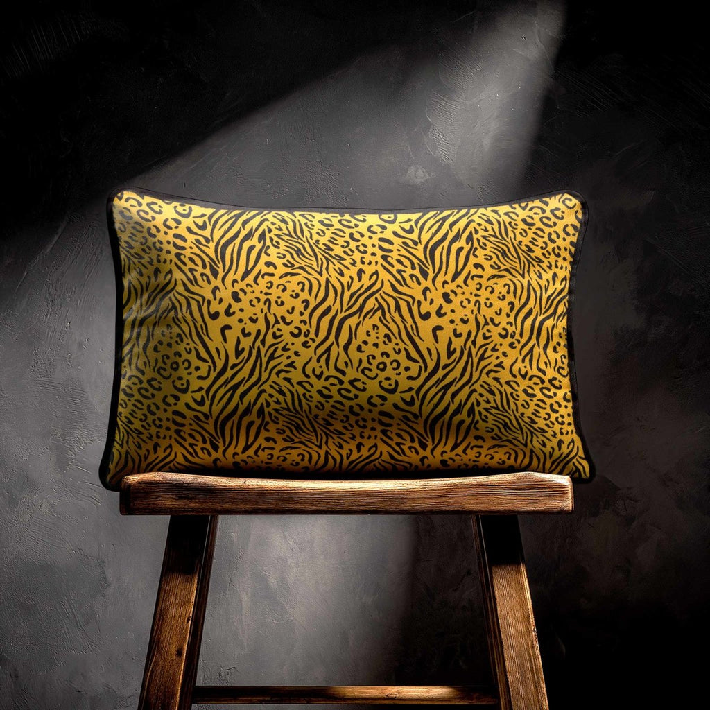 Animal Fusion Print | Sustainable Velvet Rectangle Cushion - Mustard Ochre 50 x 30 cm Piped by Izabela Peters