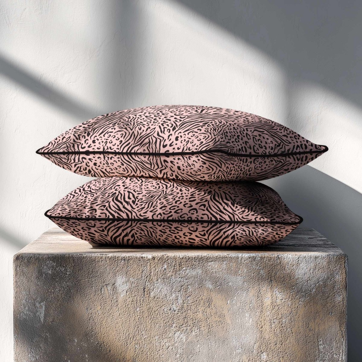 Animal Fusion Print | Sustainable Velvet Rectangle Cushion - Rosewater 50 x 30 cm Piped by Izabela Peters