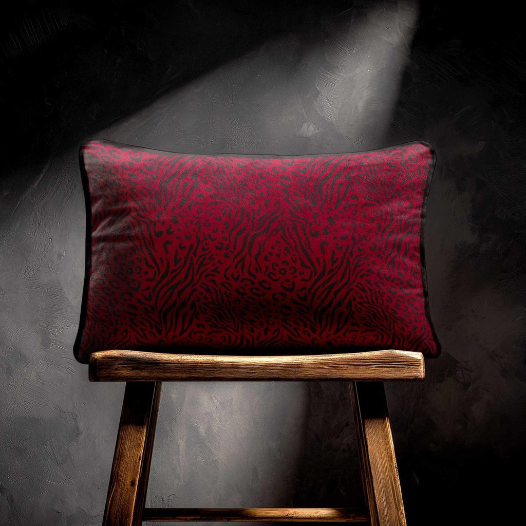 Animal Fusion Print | Sustainable Velvet Rectangle Cushion - Raspberry Red 50 x 30 cm Piped by Izabela Peters