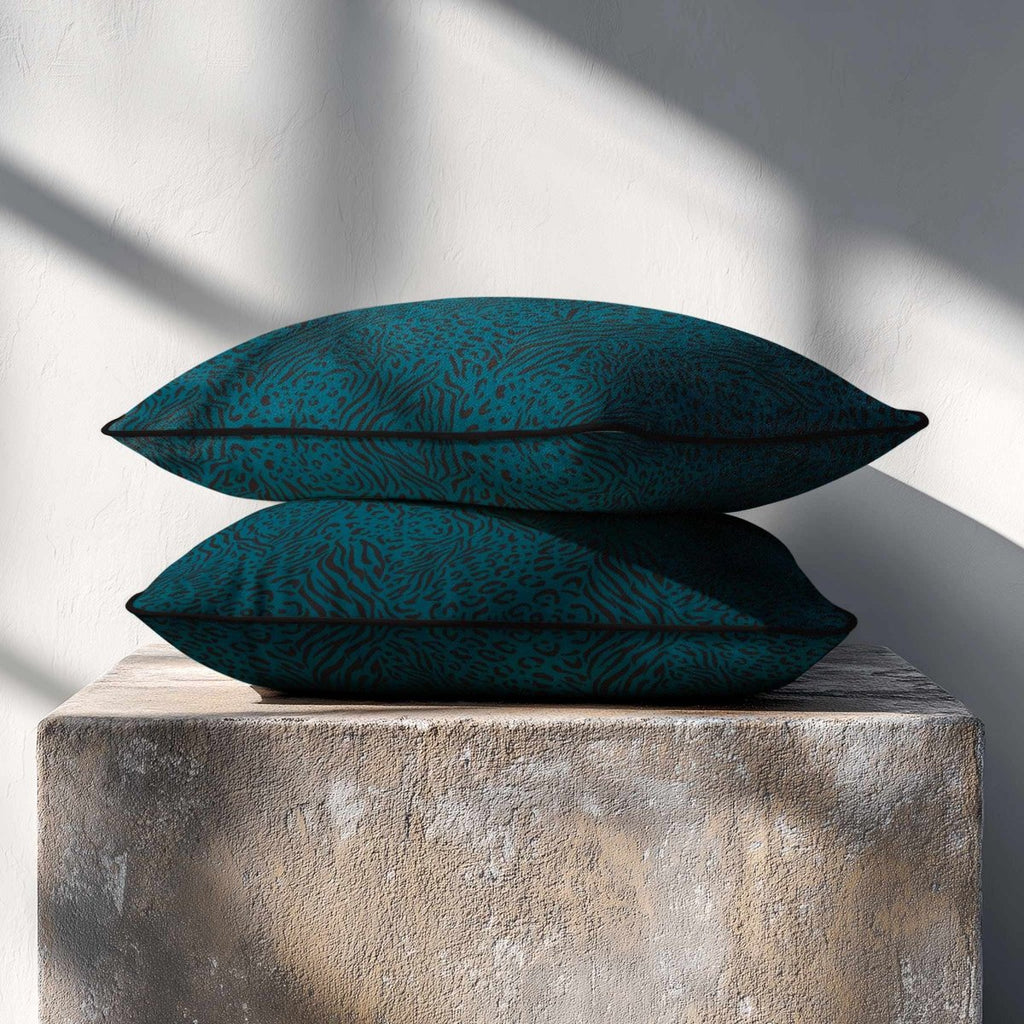 Animal Fusion Print | Sustainable Velvet Rectangle Cushion - Teal 50 x 30 cm Piped by Izabela Peters
