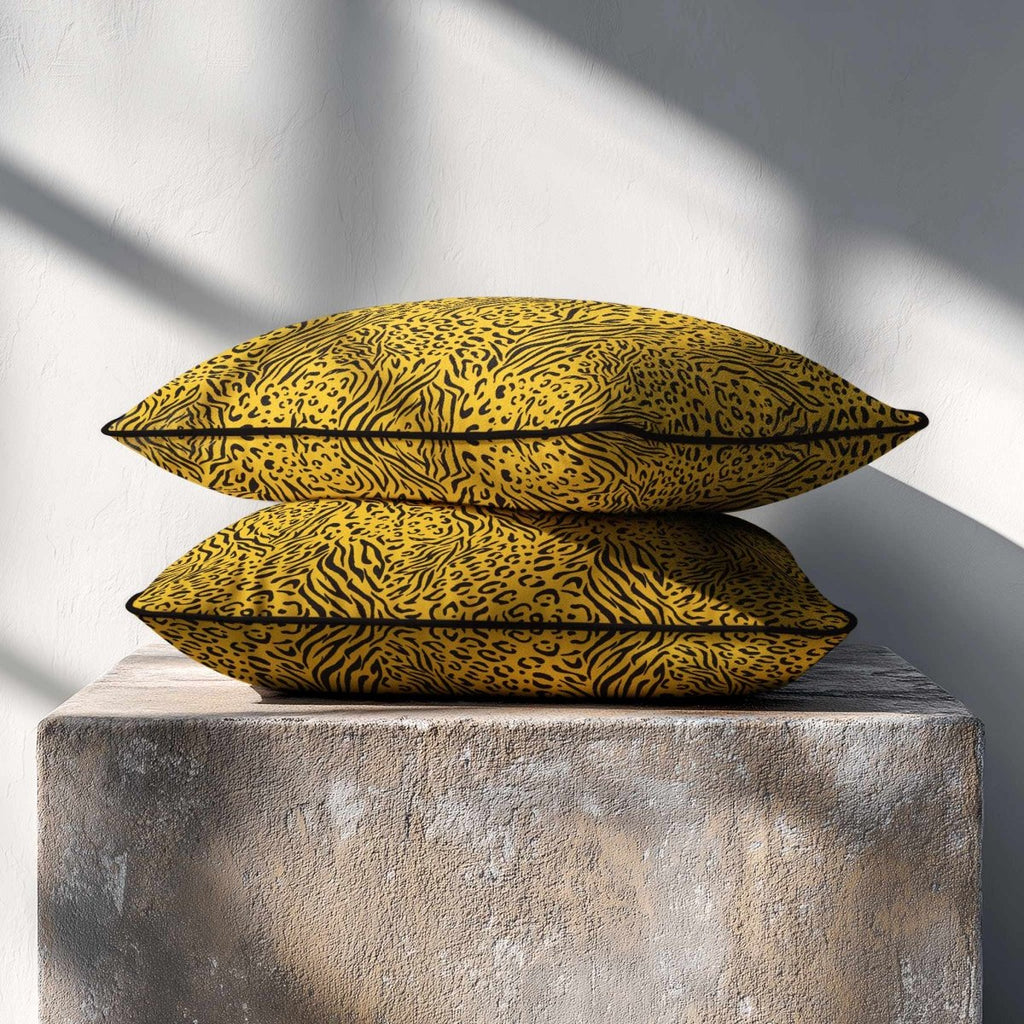 Animal Fusion Print | Sustainable Velvet Rectangle Cushion - Mustard Ochre 50 x 30 cm Piped by Izabela Peters