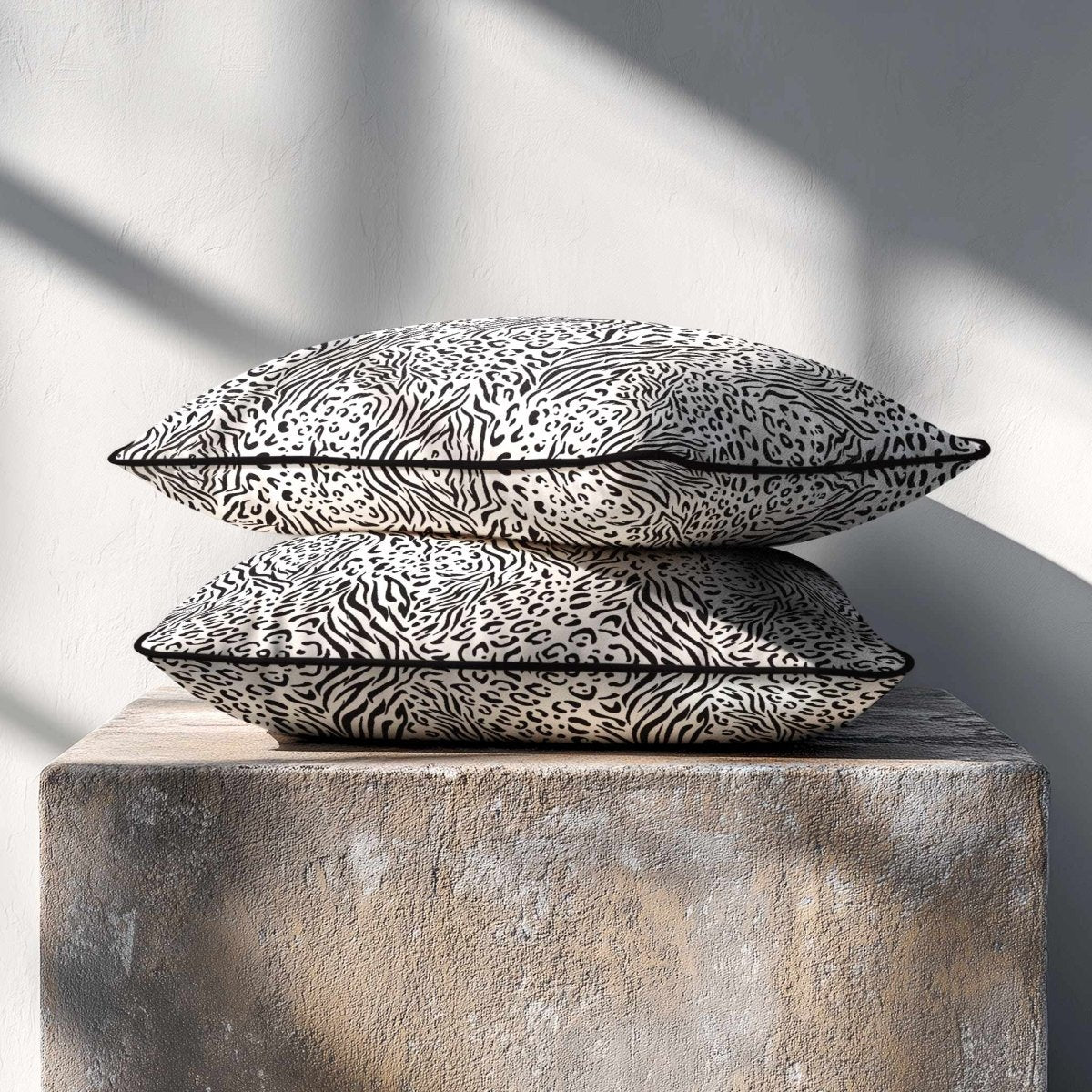 Animal Fusion Print | Sustainable Velvet Rectangle Cushion - Black & White 50 x 30 cm Piped by Izabela Peters