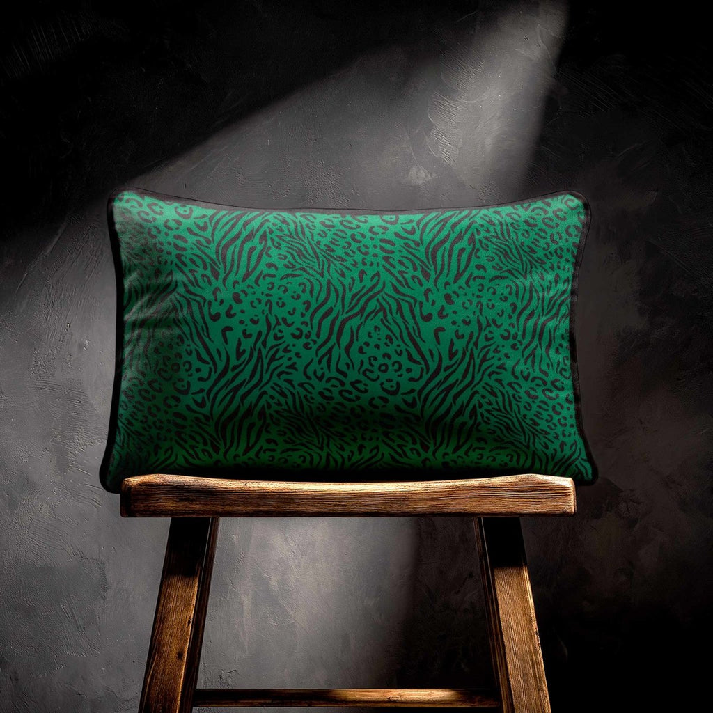 Animal Fusion Print | Sustainable Velvet Rectangle Cushion - Emerald Green 50 x 30 cm Piped by Izabela Peters