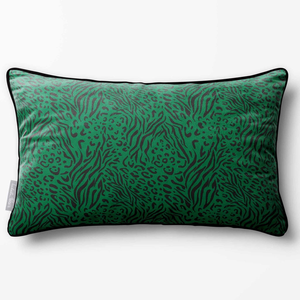 Animal Fusion Print | Sustainable Velvet Rectangle Cushion - Emerald Green 50 x 30 cm Piped by Izabela Peters