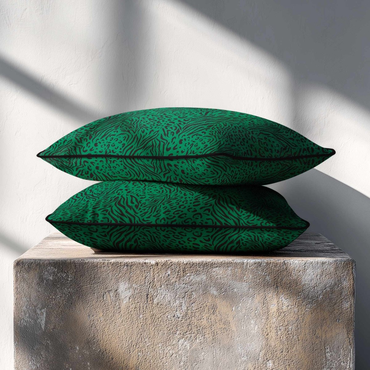 Animal Fusion Print | Sustainable Velvet Rectangle Cushion - Emerald Green 50 x 30 cm Piped by Izabela Peters
