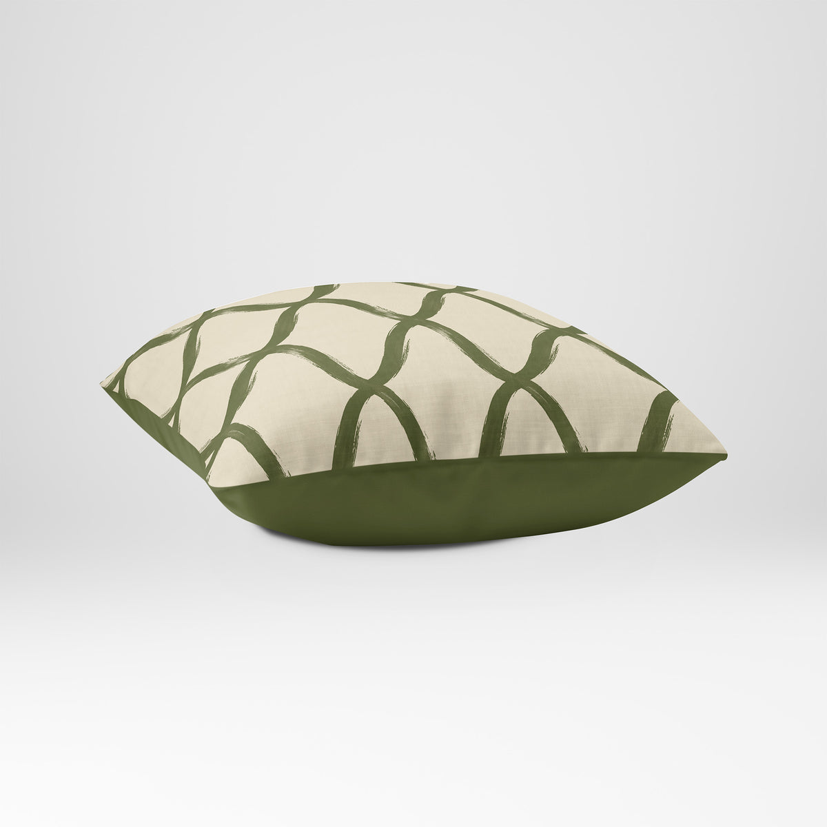Angled view showing the front and Deep Olive plain reverse of a Palace Trellis square cushion in Olive & Tomato, with a plain sewn edge.