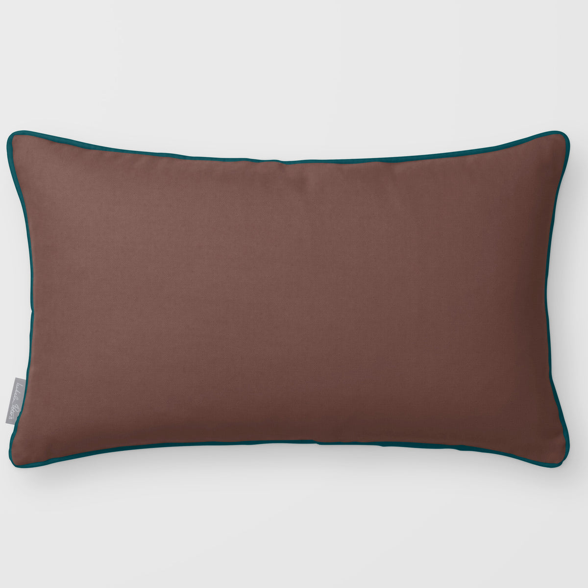 Avara Plain Cocoa & Teal linen-look 50 × 30 cm rectangular cushion, piped, front view.