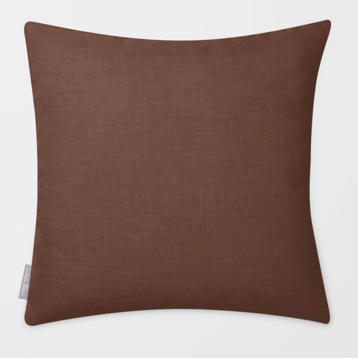 Avara Plain Cocoa & Teal linen-look square cushion, plain sewn edge, front view.