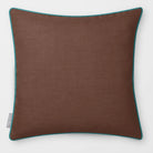 Avara Plain Cocoa & Teal linen-look square cushion, piped, front view.