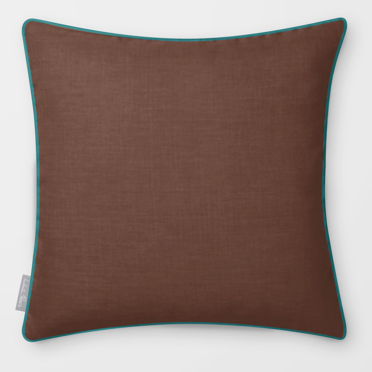 Avara Plain Cocoa & Teal linen-look square cushion, piped, front view.