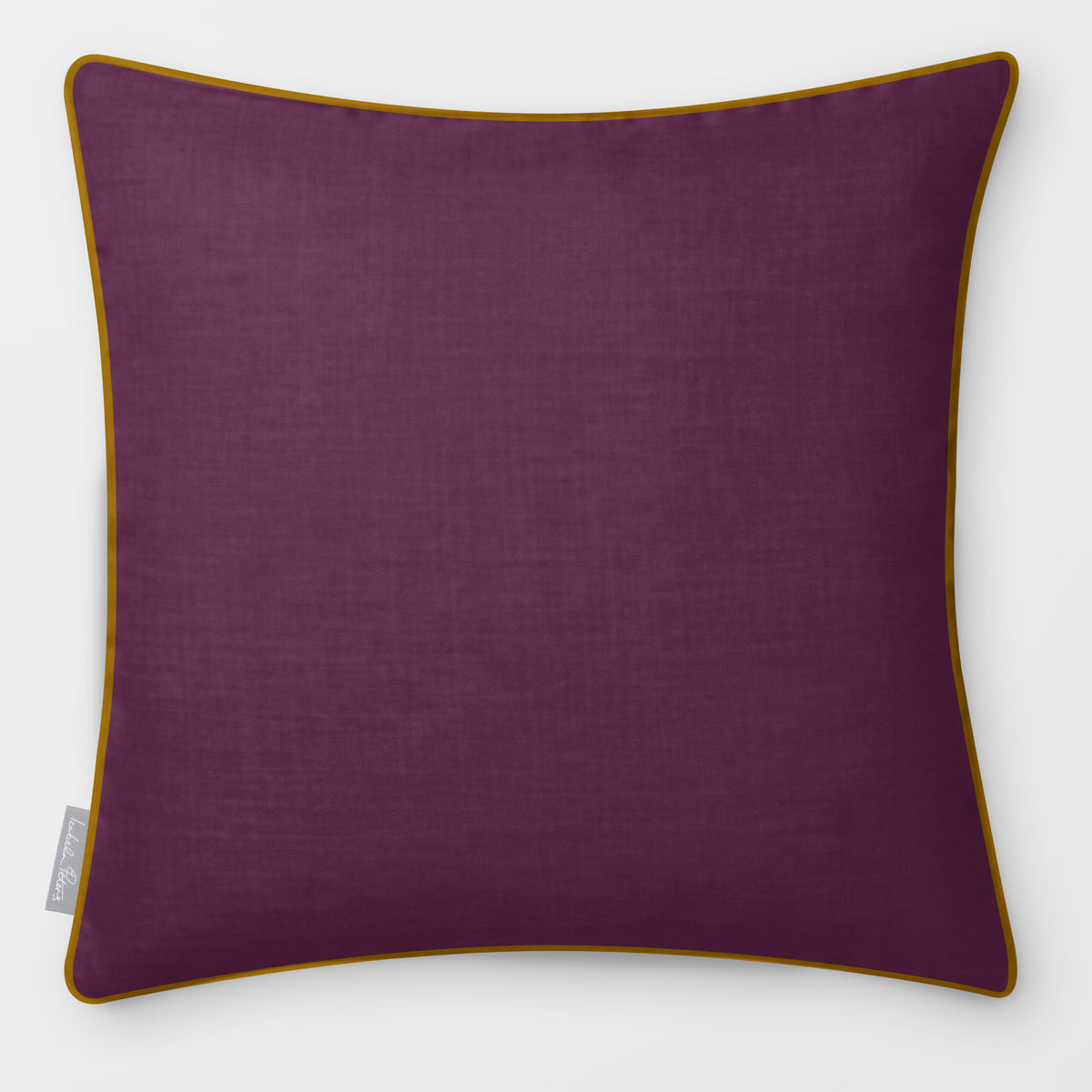 Avara Plain Plum & Saffron linen-look square cushion, piped, front view.