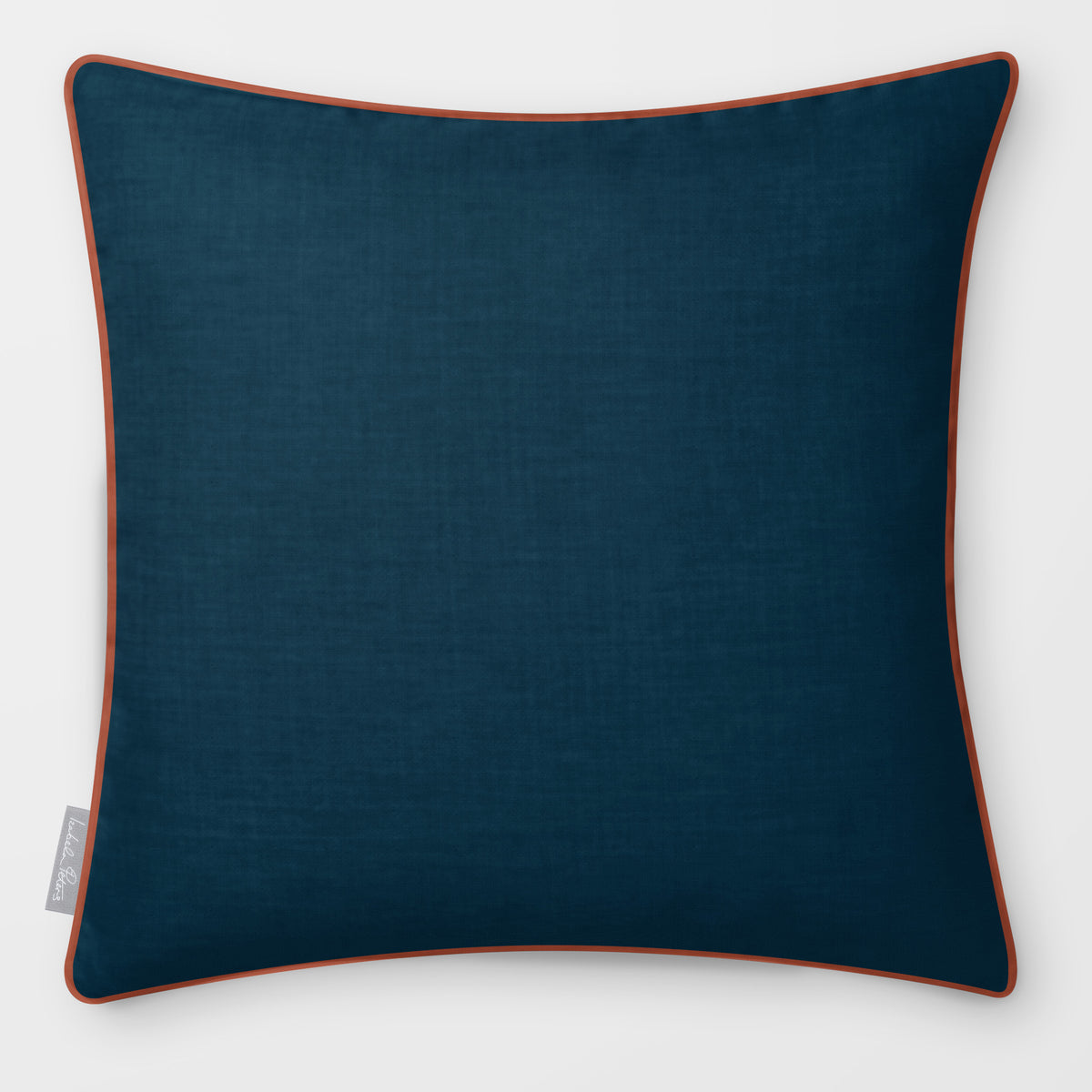 Avara Plain Teal & Persimmon linen-look square cushion, piped, front view.
