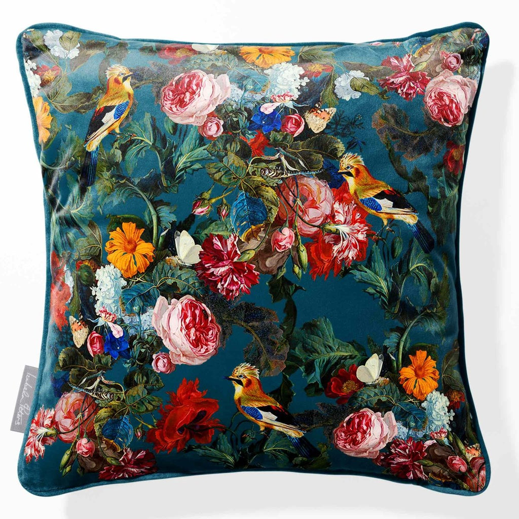 Birds in Paradise | Sustainable Velvet Cushion - Teal 40 x 40 cm Piped by Izabela Peters