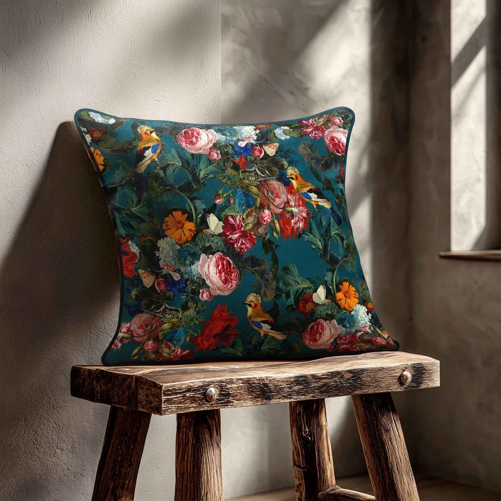 Birds in Paradise | Sustainable Velvet Cushion - Teal 40 x 40 cm Standard by Izabela Peters