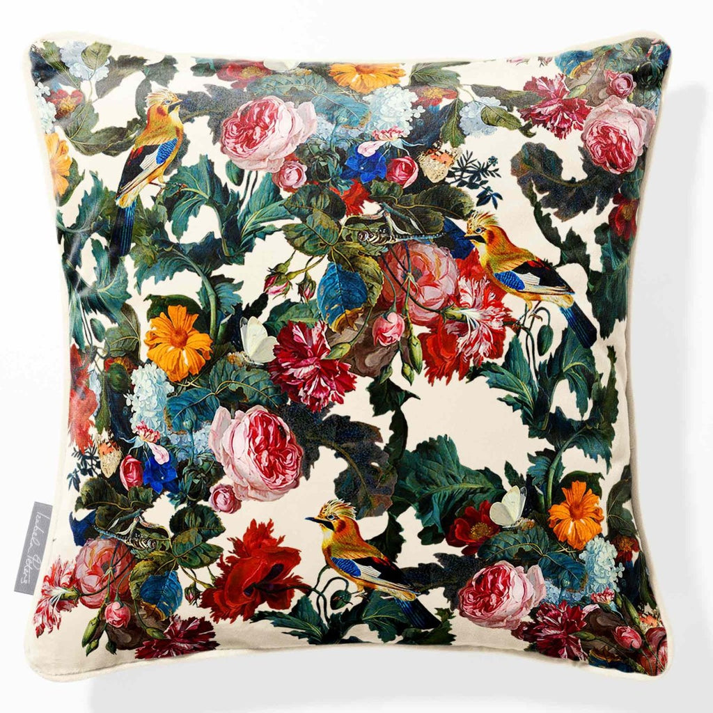 Birds in Paradise | Sustainable Velvet Cushion - Ivory Cream 40 x 40 cm Piped by Izabela Peters