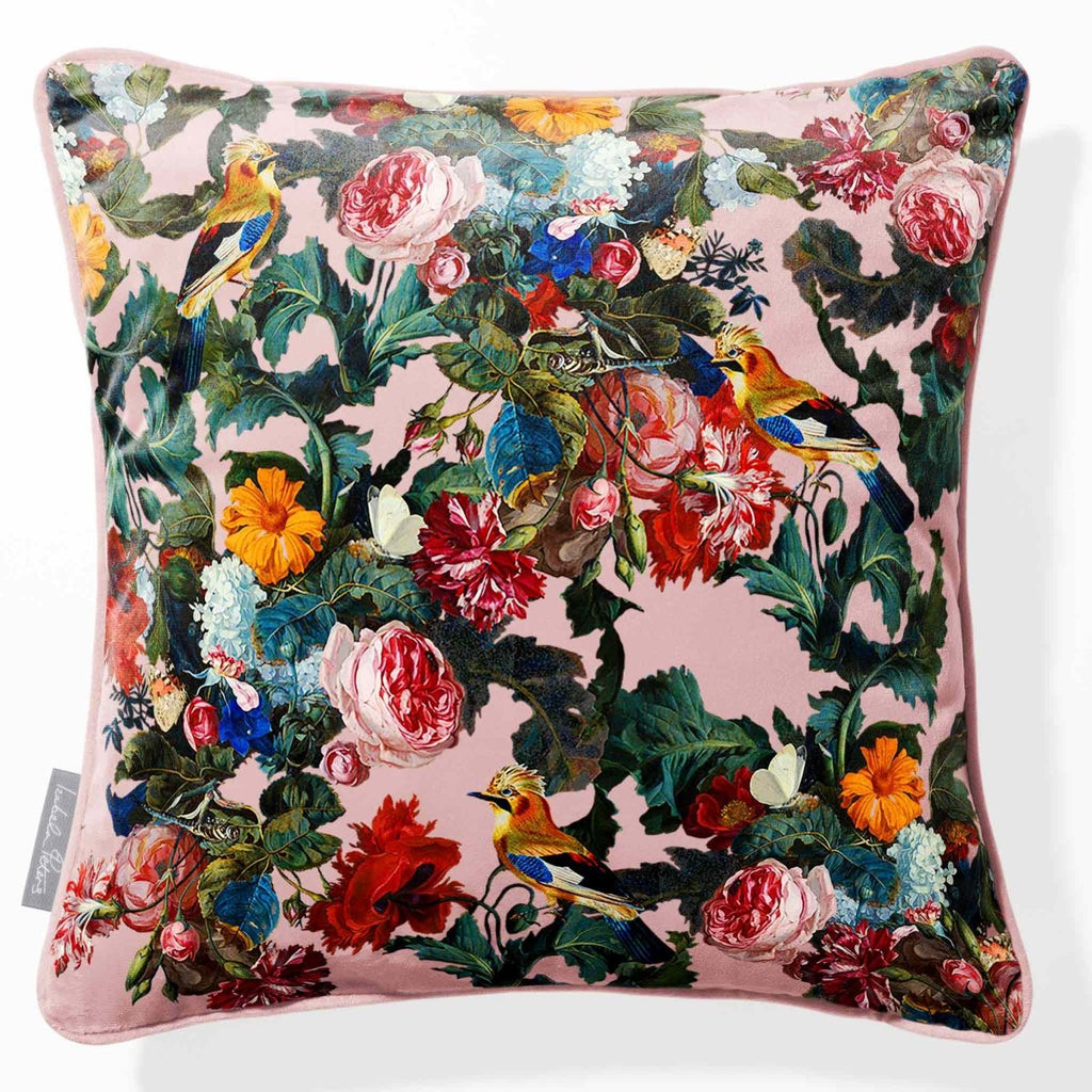 Birds in Paradise | Sustainable Velvet Cushion - Rosewater 40 x 40 cm Piped by Izabela Peters