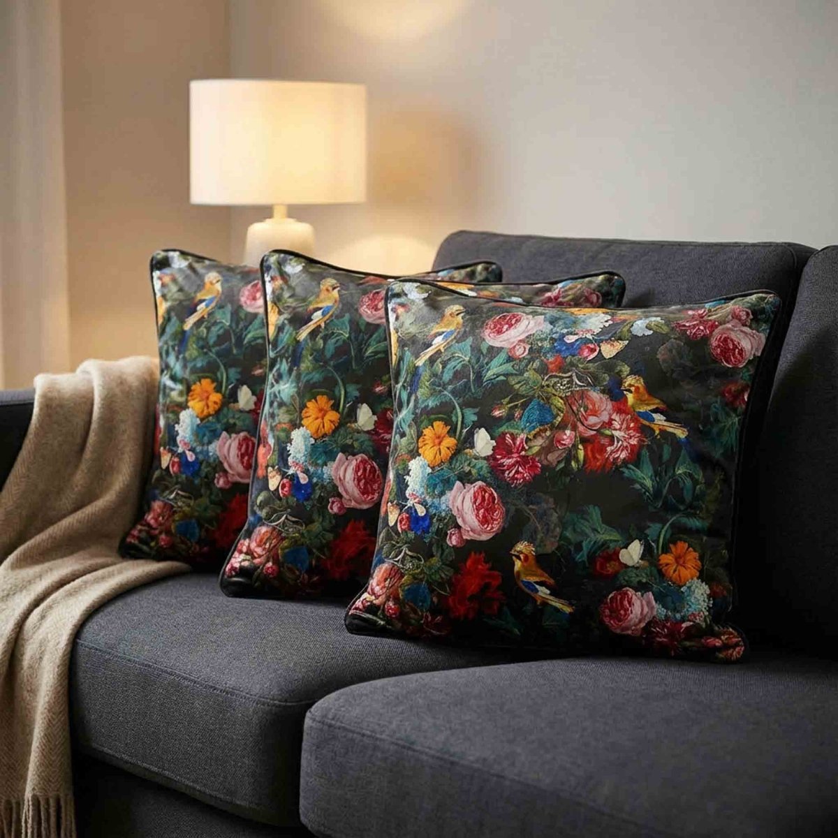 Birds in Paradise | Sustainable Velvet Cushion - Charcoal 40 x 40 cm Standard by Izabela Peters