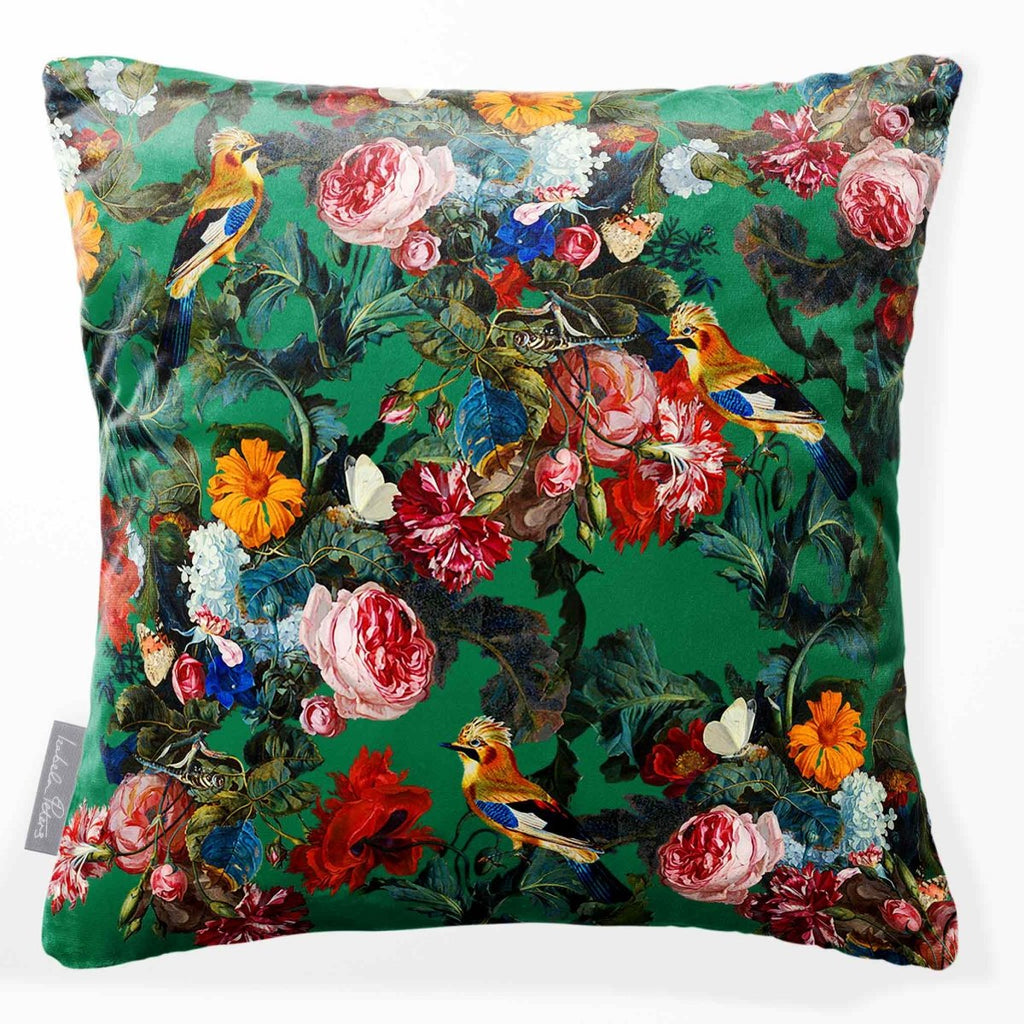 Birds in Paradise | Sustainable Velvet Cushion - Emerald Green 40 x 40 cm Smooth by Izabela Peters