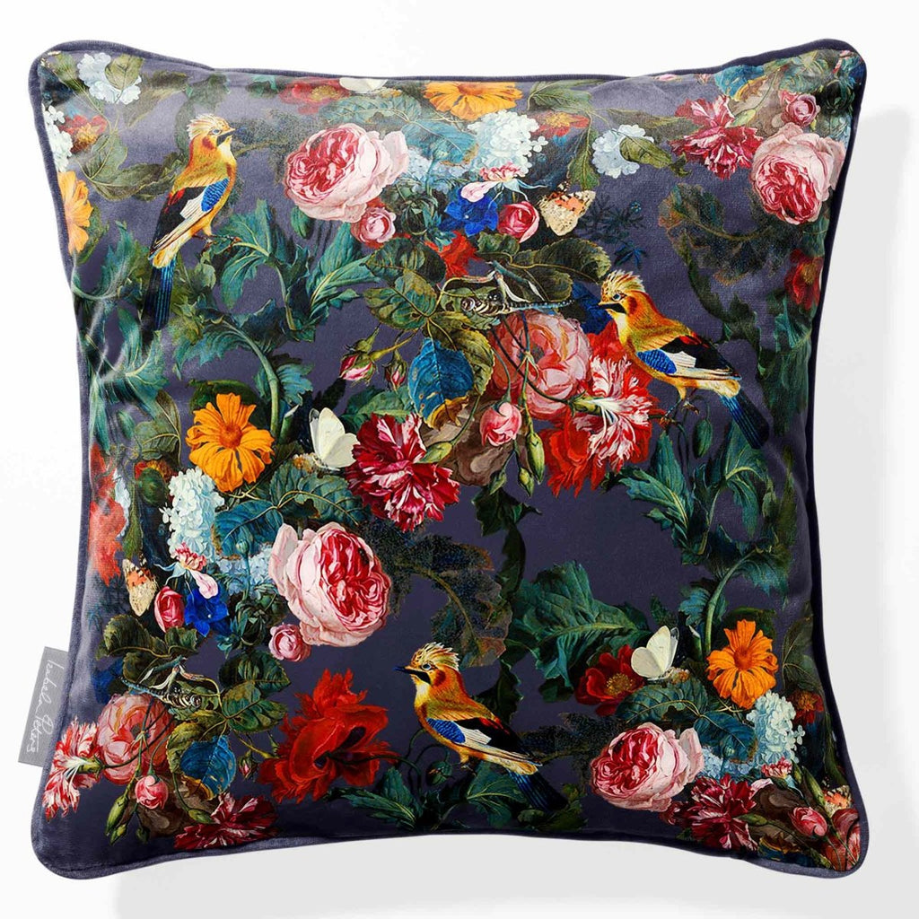 Birds in Paradise | Sustainable Velvet Cushion - Graphite 40 x 40 cm Piped by Izabela Peters