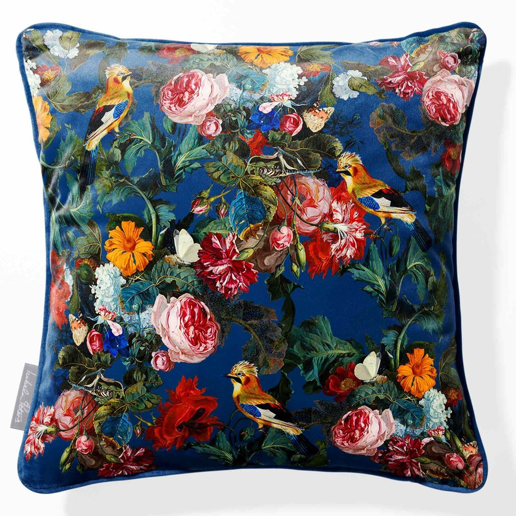 Birds in Paradise | Sustainable Velvet Cushion - Estate Blue 40 x 40 cm Piped by Izabela Peters