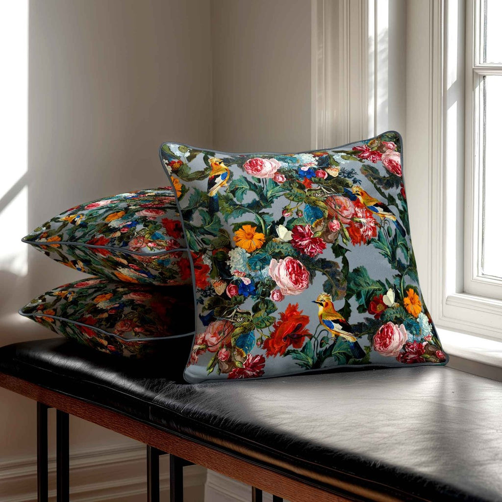 Birds in Paradise | Sustainable Velvet Cushion - French Grey 40 x 40 cm Standard by Izabela Peters