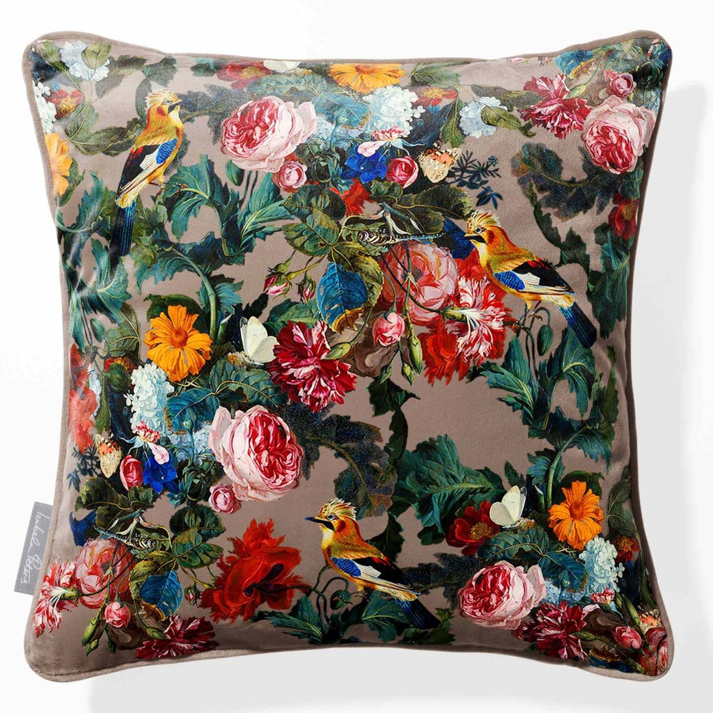 Birds in Paradise | Sustainable Velvet Cushion - Dovedale Stone 40 x 40 cm Piped by Izabela Peters