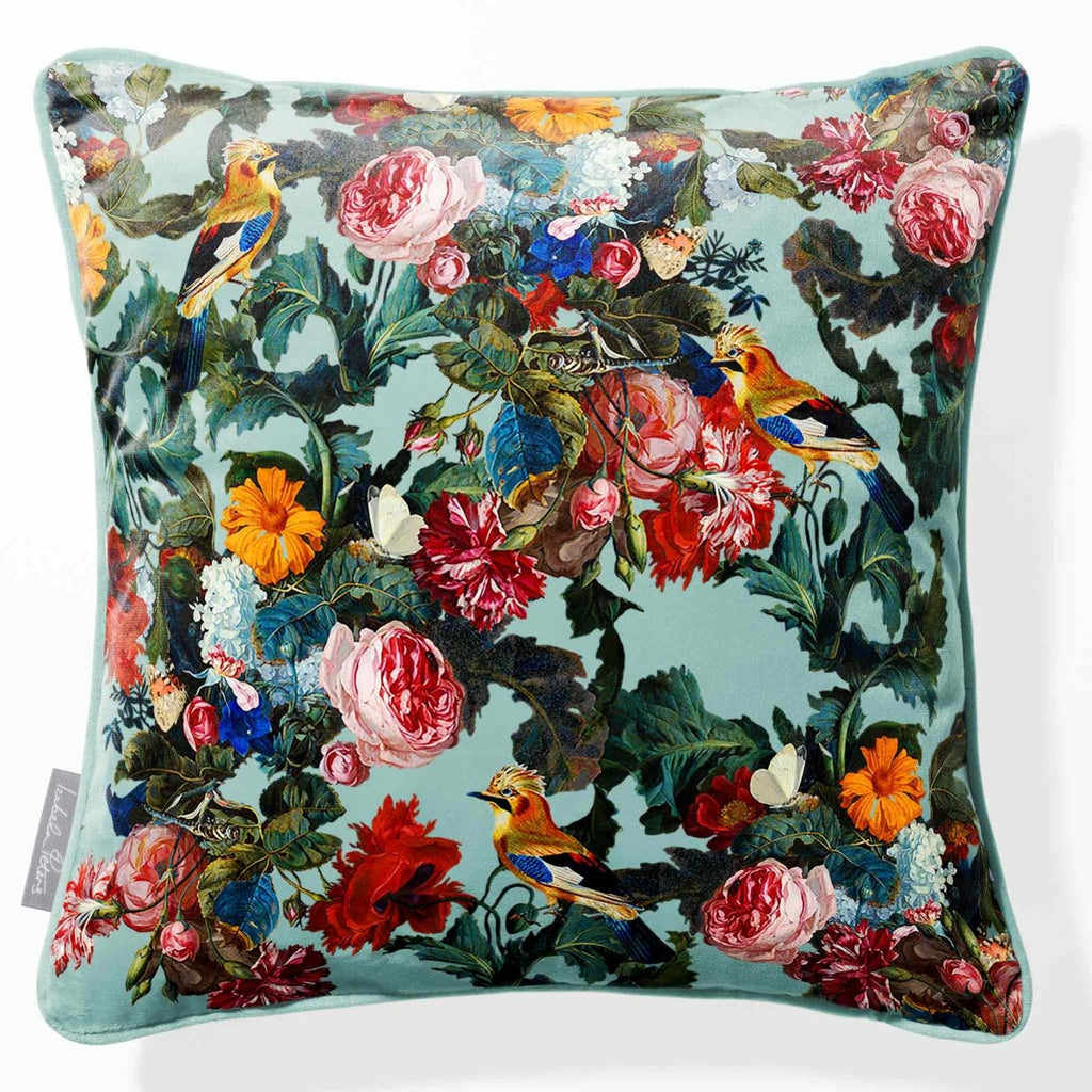 Birds in Paradise | Sustainable Velvet Cushion - Blue Surf 40 x 40 cm Piped by Izabela Peters