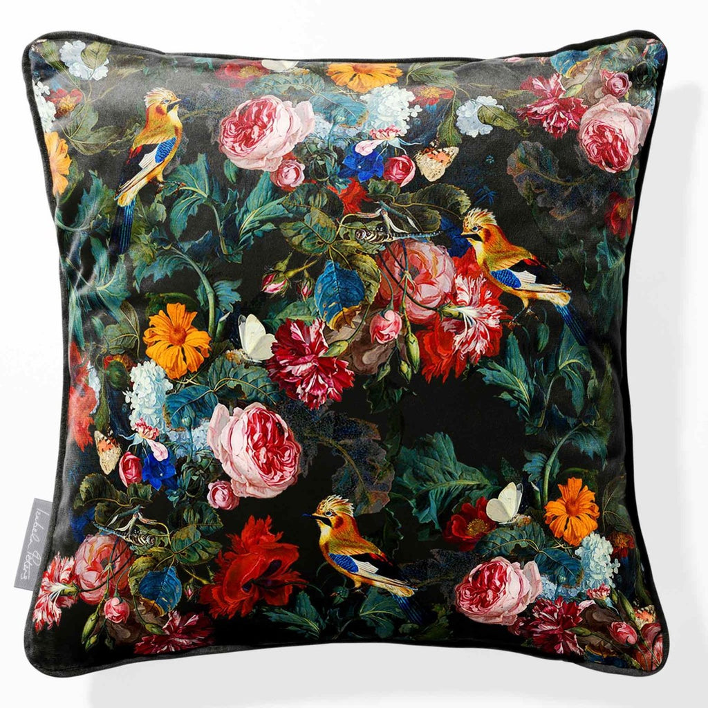 Birds in Paradise | Sustainable Velvet Cushion - Charcoal 40 x 40 cm Piped by Izabela Peters
