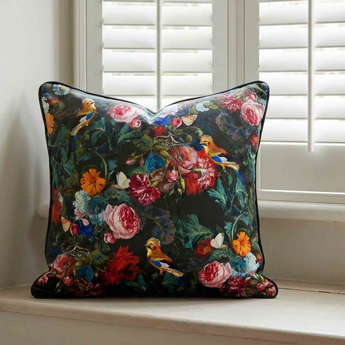 Birds in Paradise | Sustainable Velvet Cushion - Charcoal 40 x 40 cm Piped by Izabela Peters
