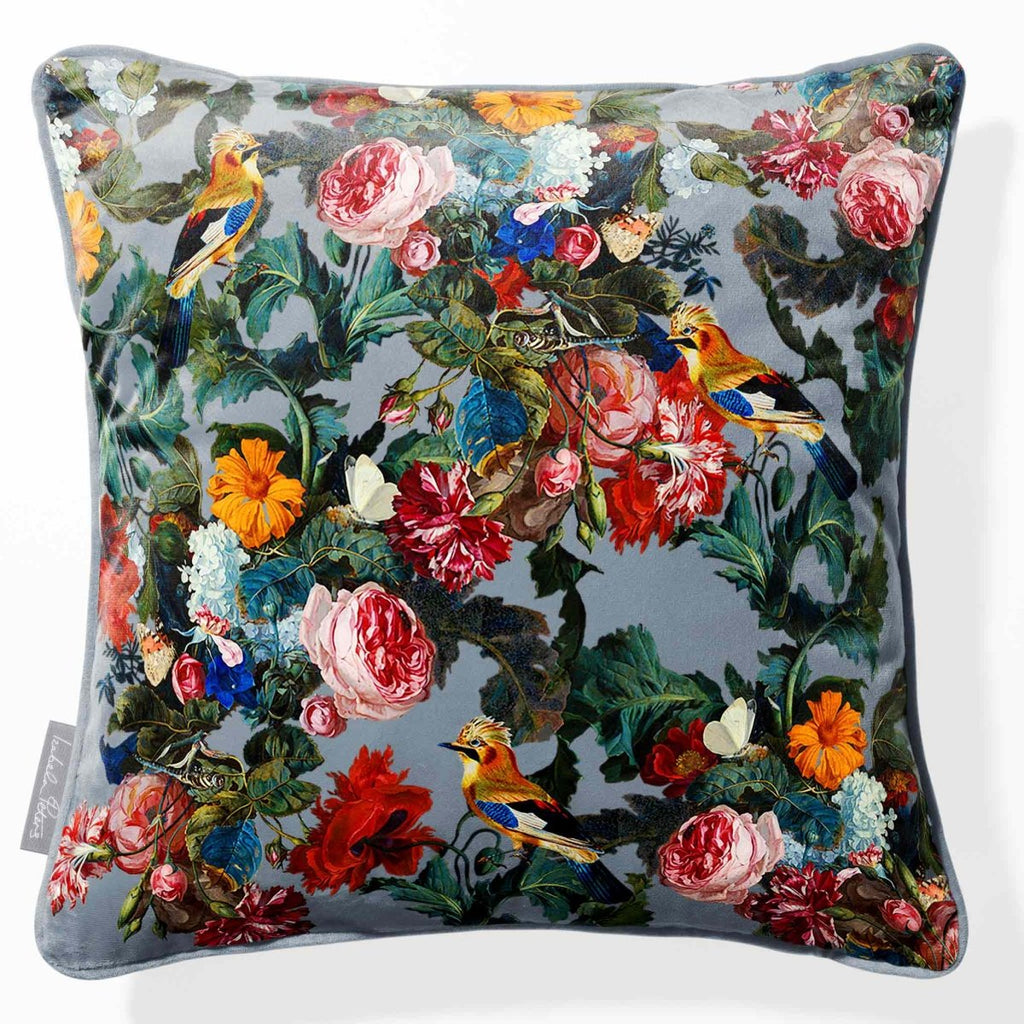 Birds in Paradise | Sustainable Velvet Cushion - French Grey 40 x 40 cm Piped by Izabela Peters