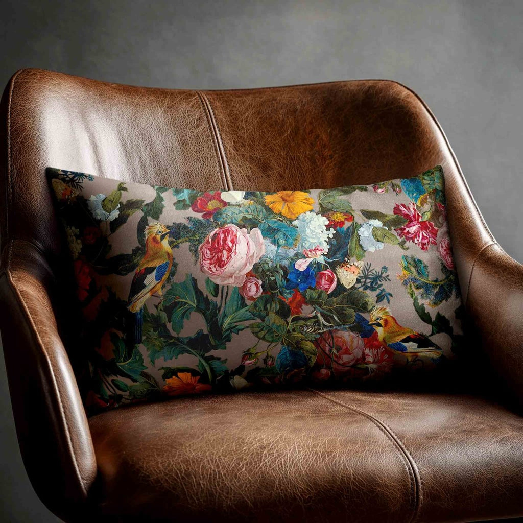 Birds In Paradise | Sustainable Velvet Rectangle Cushion - Dovedale Stone 50 x 30 cm Standard by Izabela Peters