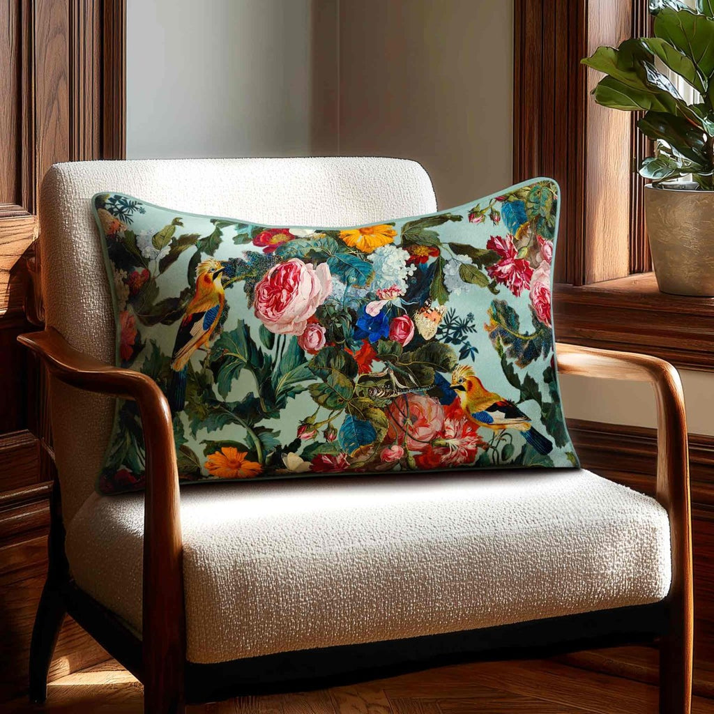 Birds In Paradise | Sustainable Velvet Rectangle Cushion - Blue Surf 50 x 30 cm Standard by Izabela Peters