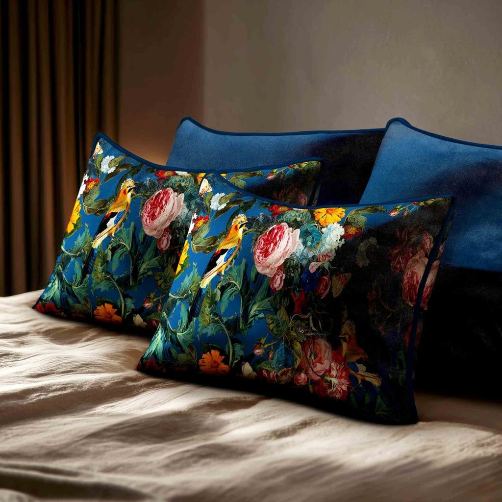 Birds In Paradise | Sustainable Velvet Rectangle Cushion - Estate Blue 50 x 30 cm Standard by Izabela Peters