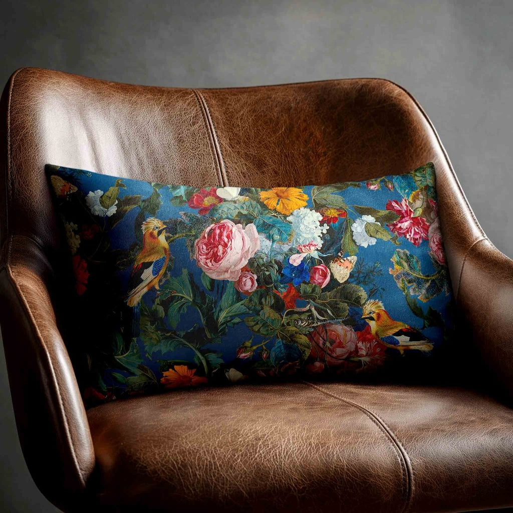 Birds In Paradise | Sustainable Velvet Rectangle Cushion - Estate Blue 50 x 30 cm Standard by Izabela Peters