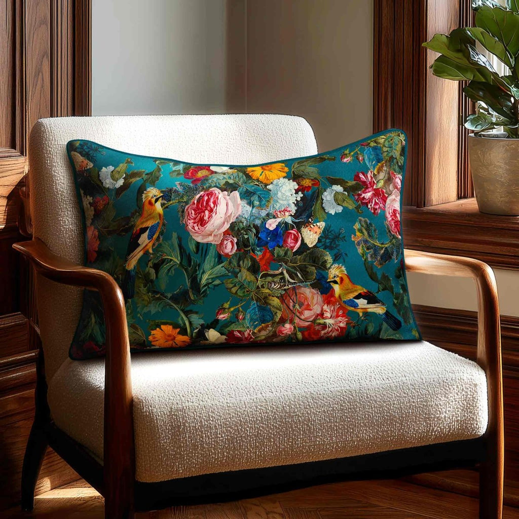 Birds In Paradise | Sustainable Velvet Rectangle Cushion - Teal 50 x 30 cm Standard by Izabela Peters