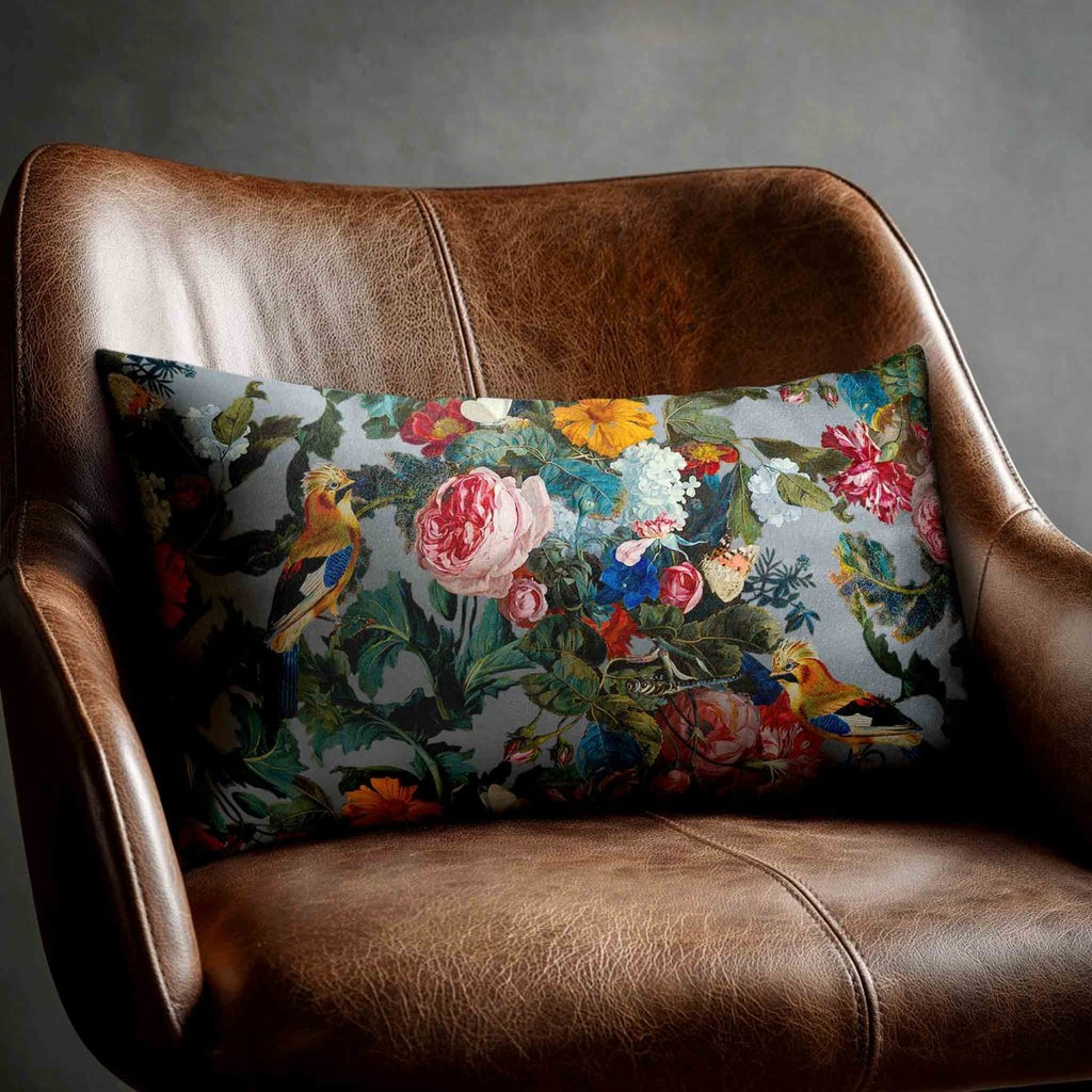 Birds In Paradise | Sustainable Velvet Rectangle Cushion - French Grey 50 x 30 cm Standard by Izabela Peters