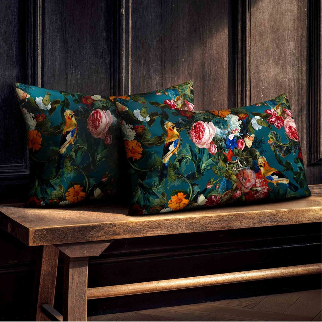 Birds In Paradise | Sustainable Velvet Rectangle Cushion - Teal 50 x 30 cm Standard by Izabela Peters