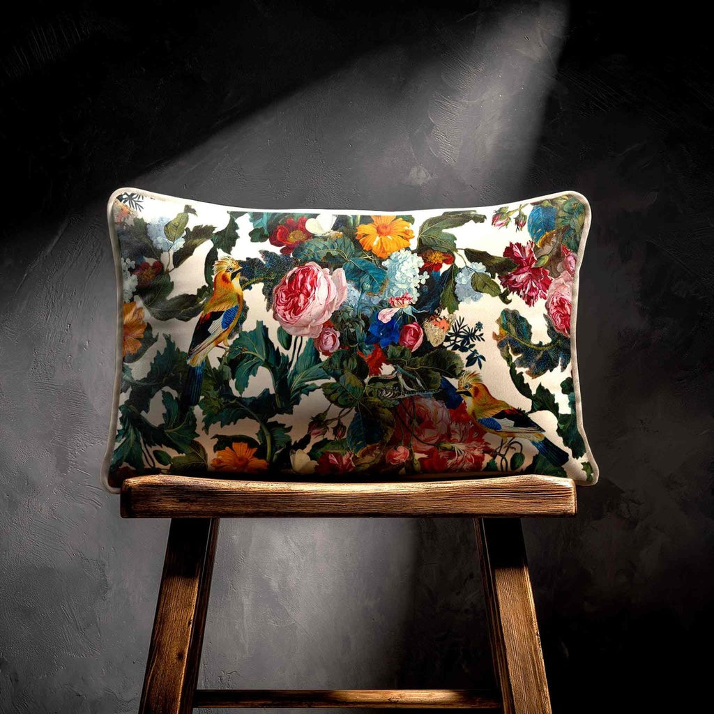 Birds In Paradise | Sustainable Velvet Rectangle Cushion - Ivory Cream 50 x 30 cm Standard by Izabela Peters